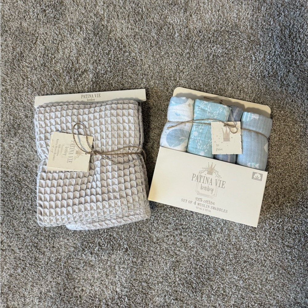 Baby Swaddles and Waffle Knit blanket - Blue and Gray